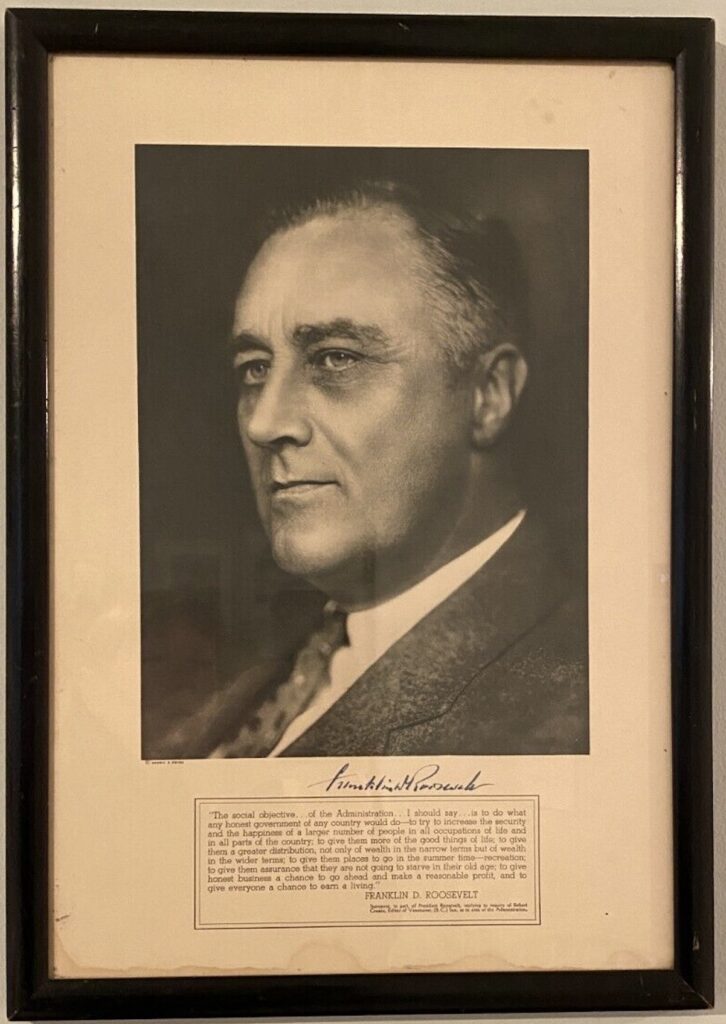 Authentic Franklin D. Roosevelt signed and autographed 1930s New Deal broadside poster featuring Harris and Ewing portrait.