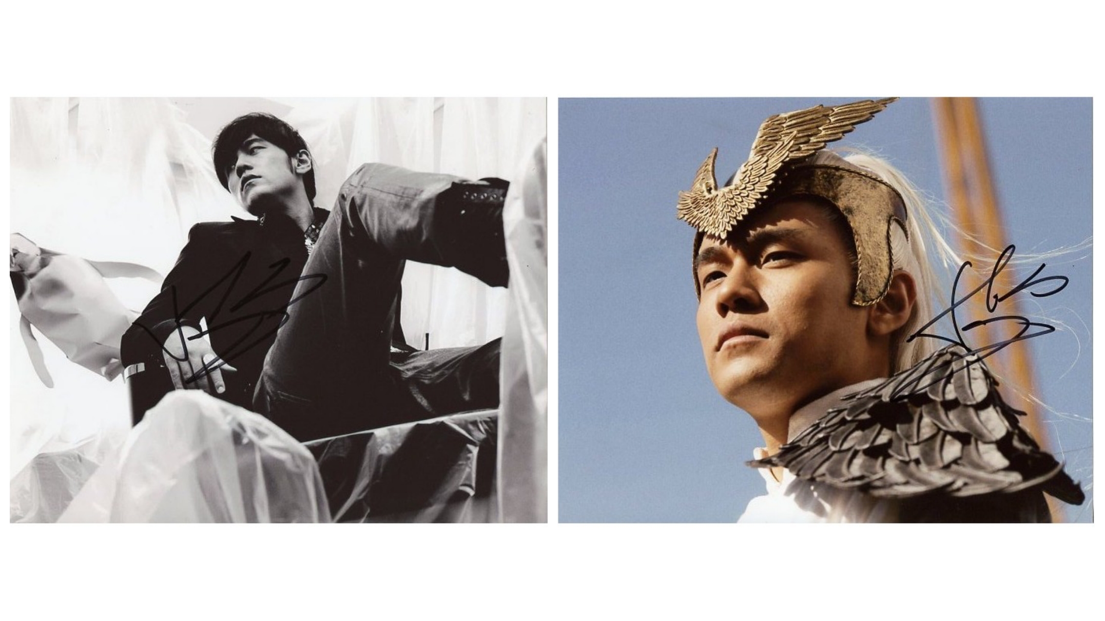 Authentic Jay Chou autographed and signed dual photographs obtained in-person in Paris, verified by RACC and AFTAL accredited member.