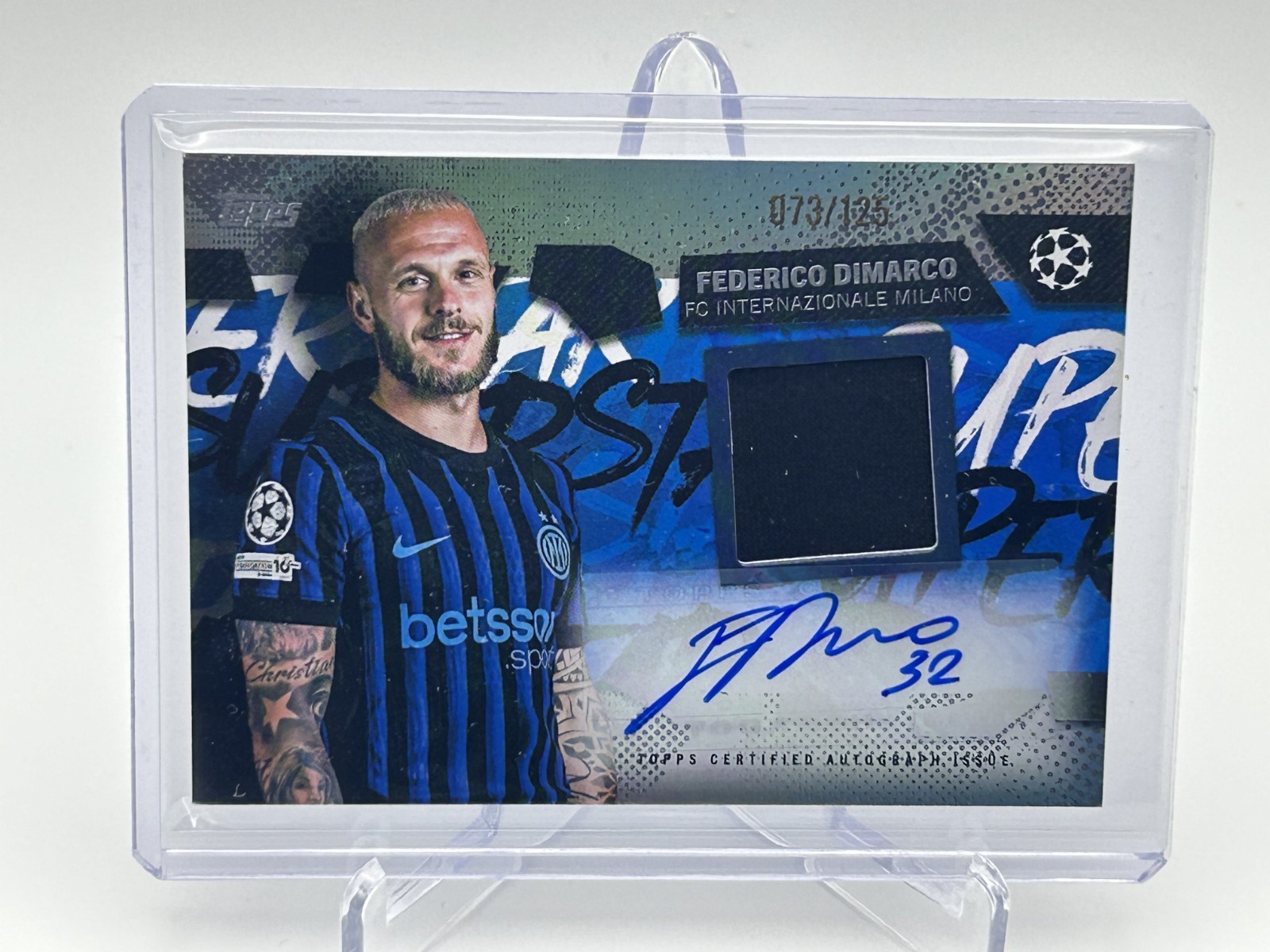 Authentic Federico Dimarco signed and autographed 2025-26 Topps UCC relic card with player-worn patch verified by Topps.