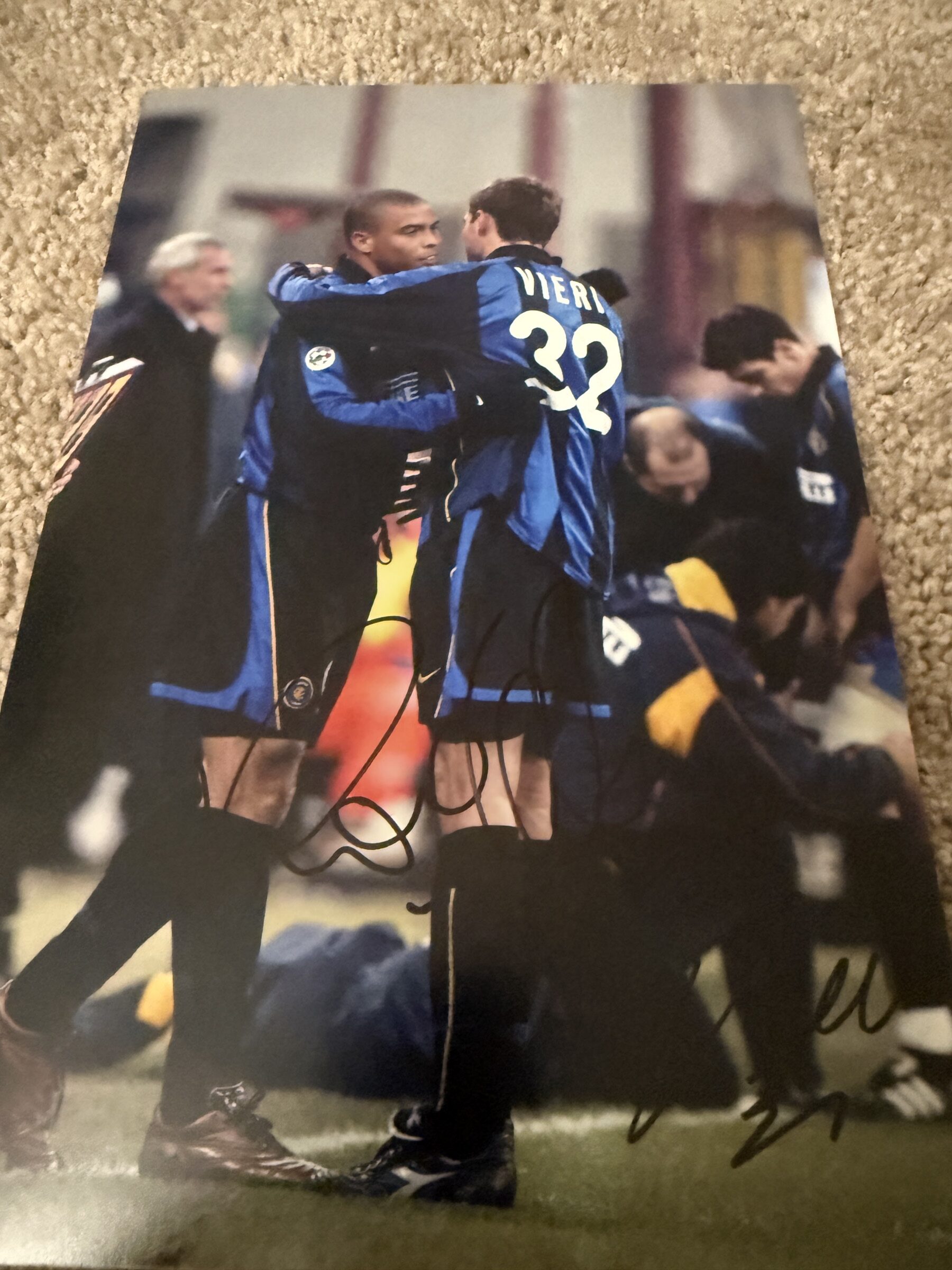 Authentic Christian Vieri and Ronaldo dual signed Inter Milan photo autograph, acquired in person by a premier UK institution.